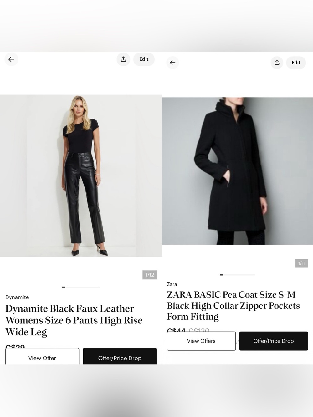 Zara Black Long Pea Coat and leather pants bundle deal